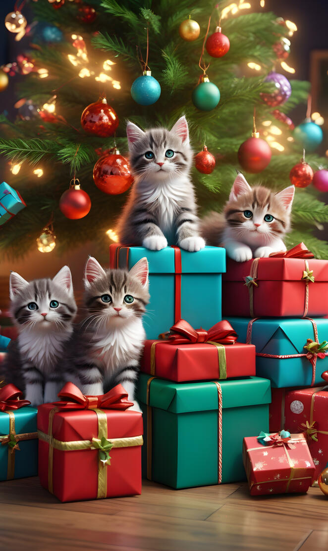 a group of kittens in a christmas tree
