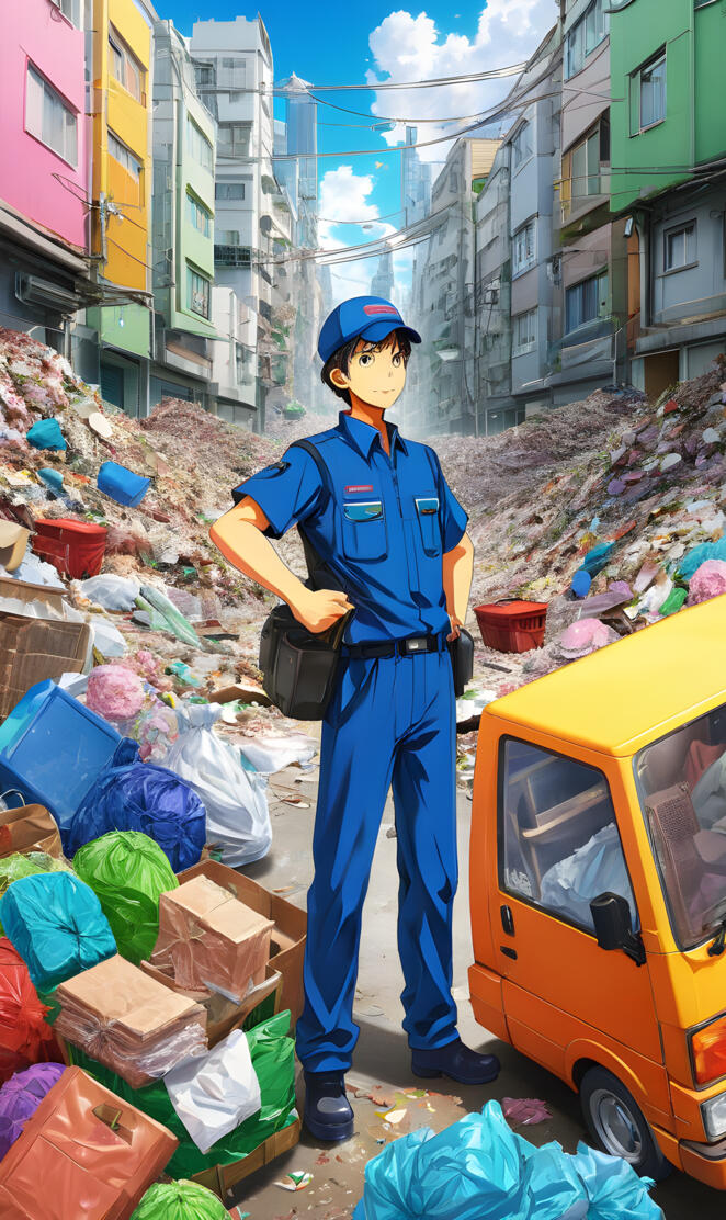 a person in a blue uniform standing next to a pile of garbage