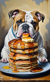English Bulldog eating pancakes