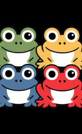 four cartoon frogs stacked on top of each other