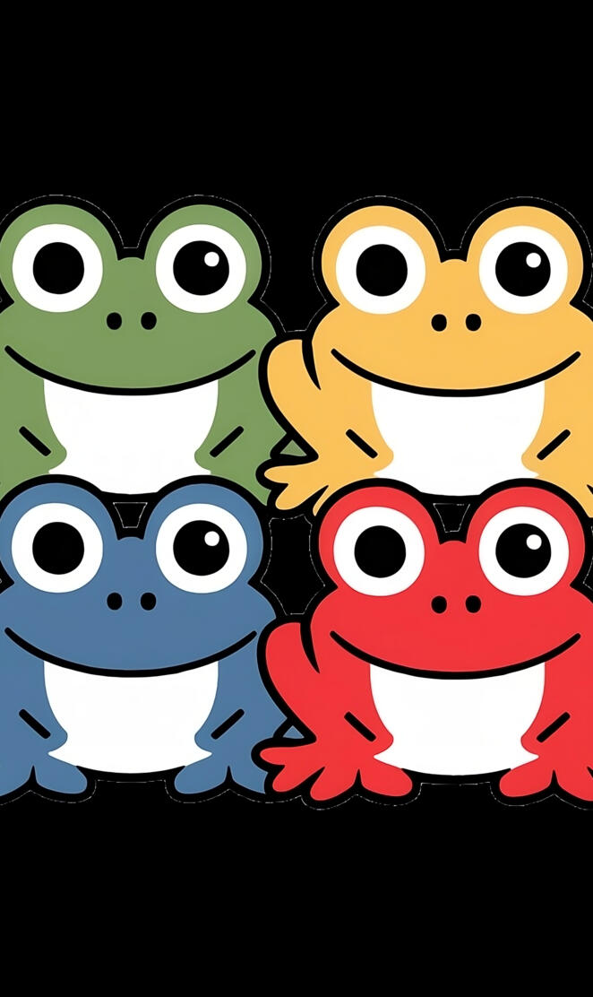 four cartoon frogs stacked on top of each other