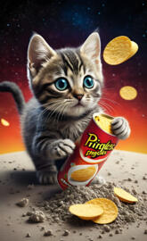 a kitten holding a bag of chips