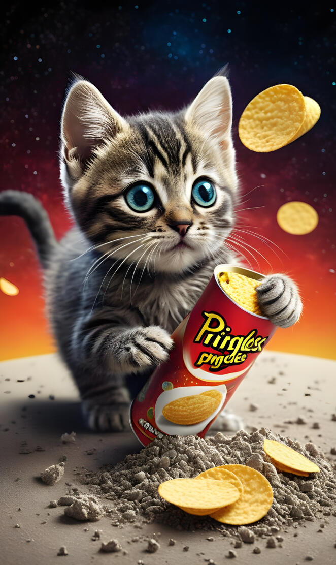 a kitten holding a bag of chips