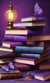 purple stack of books with butterflies