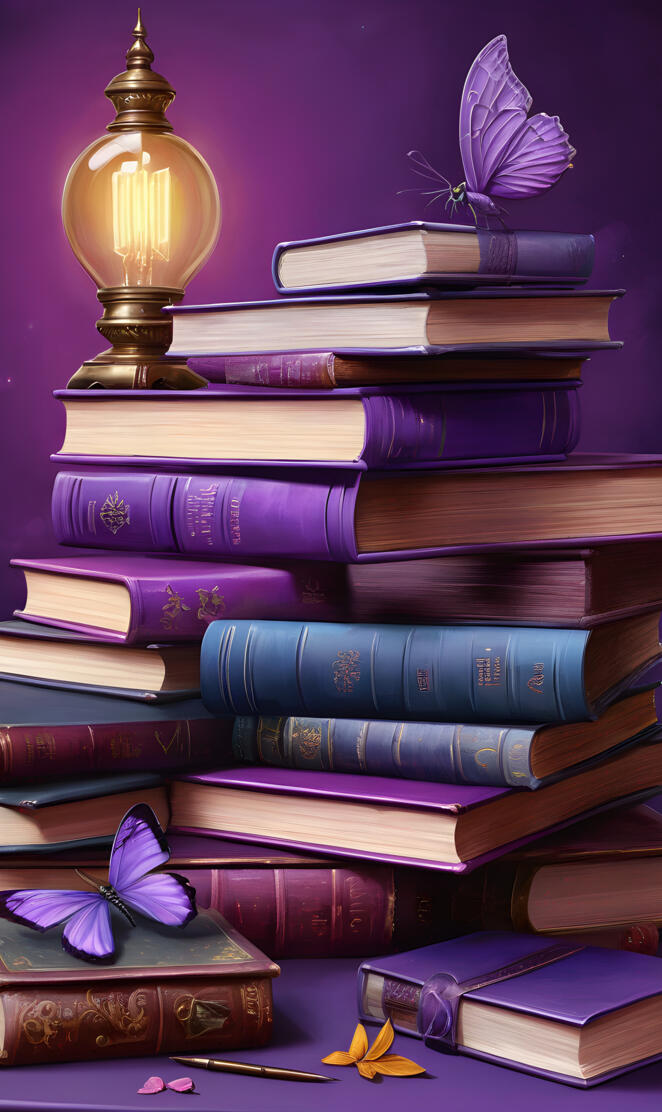 purple stack of books with butterflies