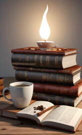 a stack of books and a candle