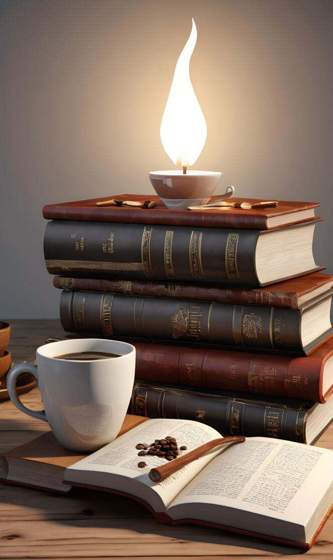 a stack of books and a candle