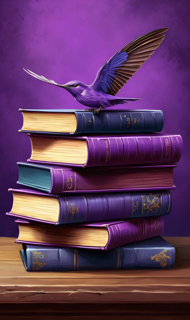 Hummingbird flying over a stack of books