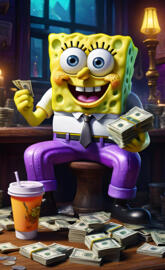 a statue of a cartoon character holding a book and a cup