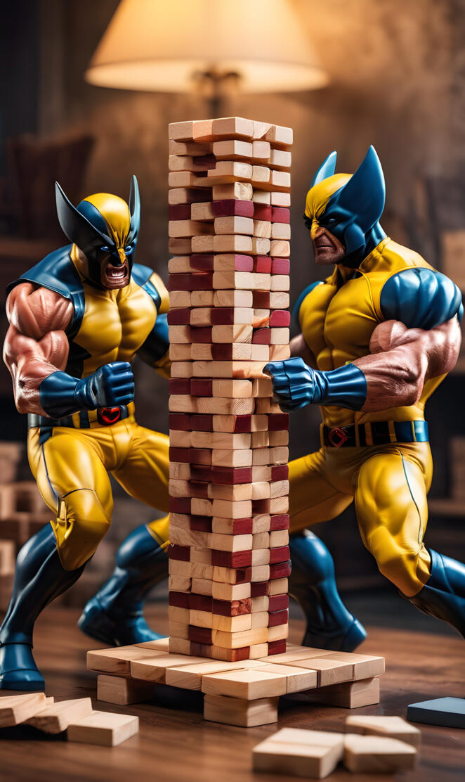 wolverine plays Jenga against himself