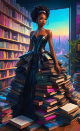 a woman standing in front of a large stack of books