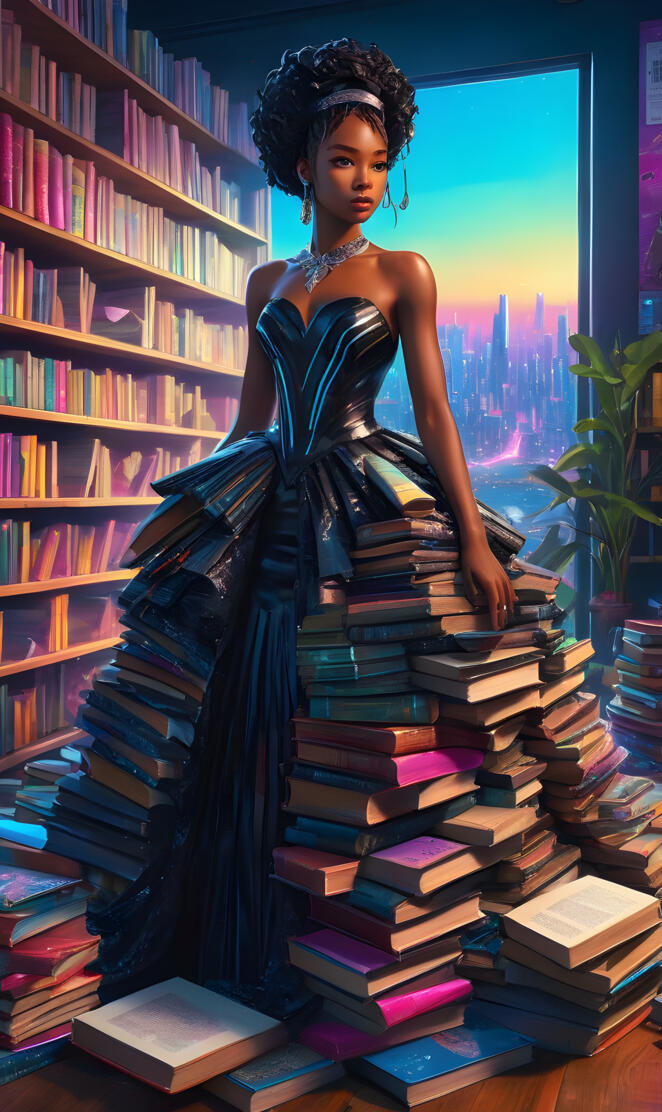 a woman standing in front of a large stack of books