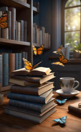a stack of books and a tea cup on a table