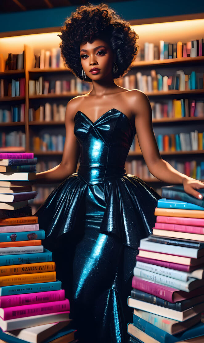 a woman in a black dress standing in front of a stack of books