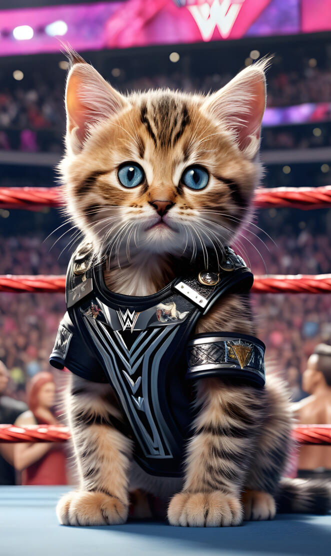 a cat wearing a wrestling costume in the ring