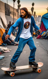 Jesus rollerblading through Skid Row homeless encampment