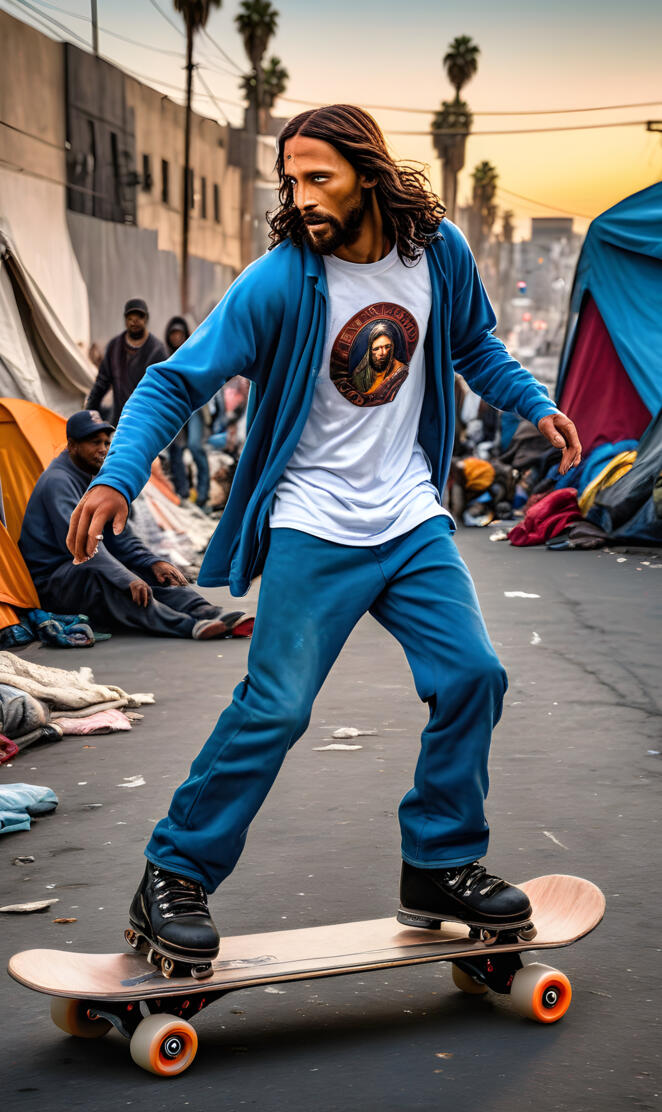 Jesus rollerblading through Skid Row homeless encampment