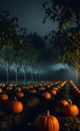 Spooky Pumpkin Patch on a Foggy Night