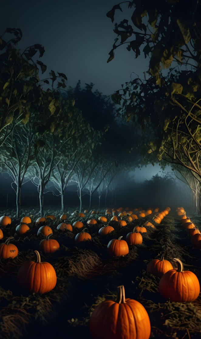 Spooky Pumpkin Patch on a Foggy Night