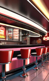 a row of red chairs in a restaurant