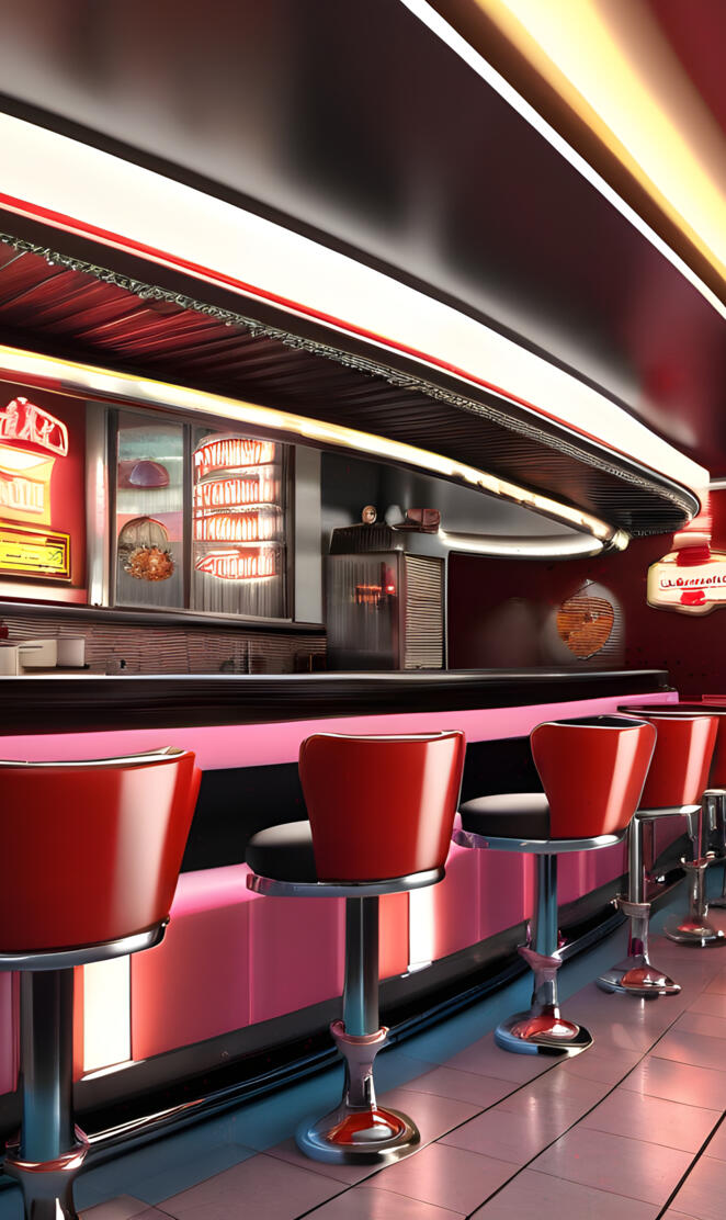 a row of red chairs in a restaurant