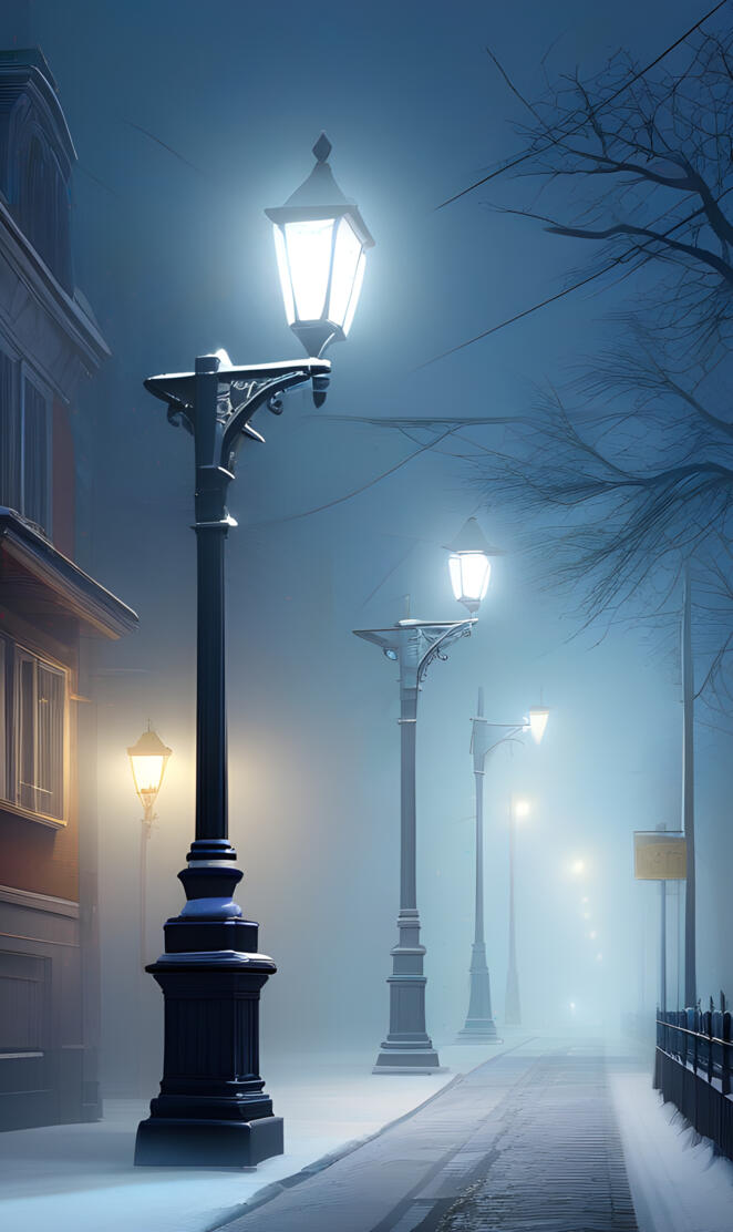a row of street lamps on a sidewalk