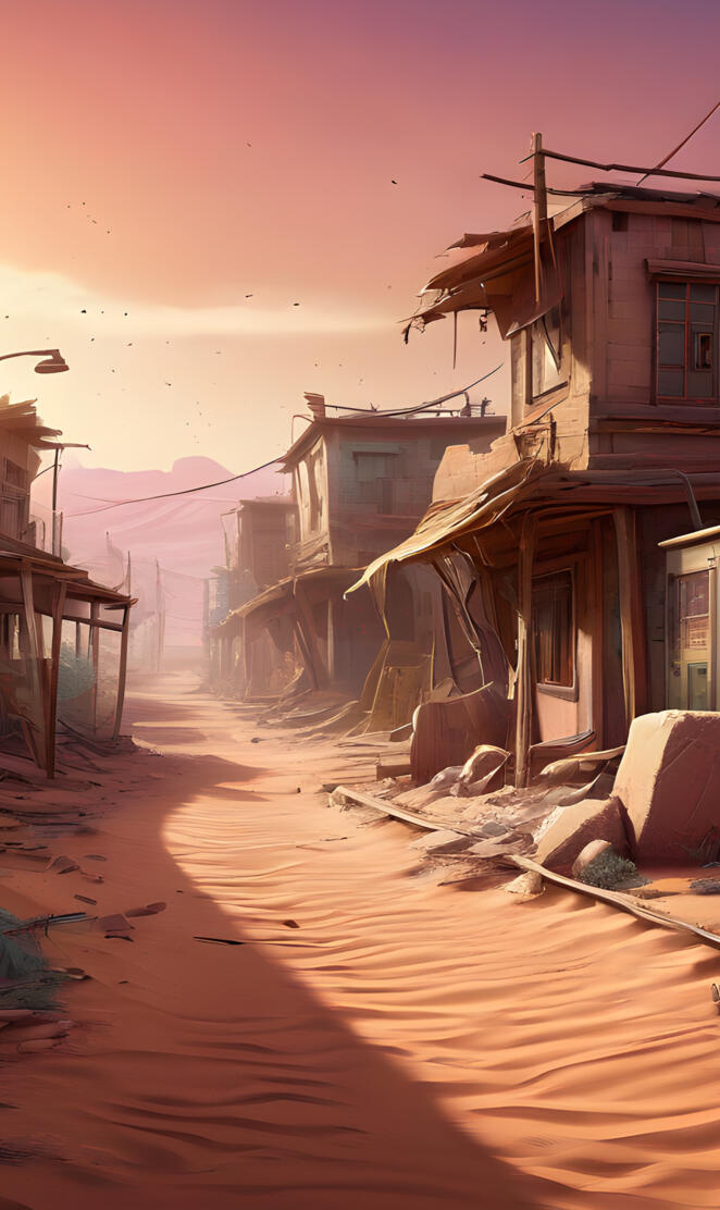 a row of houses on a dirt road