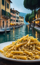 a row of yellow pasta on a river