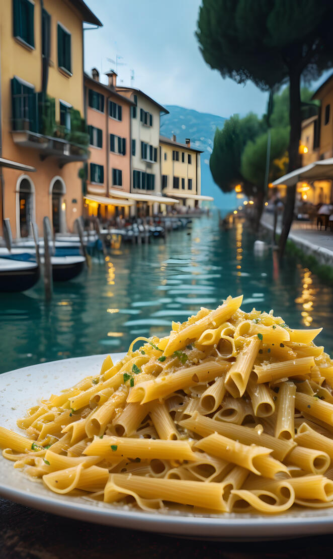 a row of yellow pasta on a river