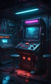 a row of dark arcade and pinball games