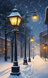 A row of street lamps in the snow