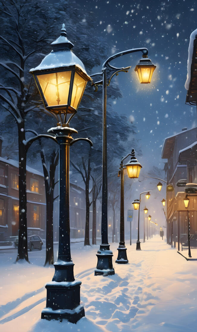 A row of street lamps in the snow