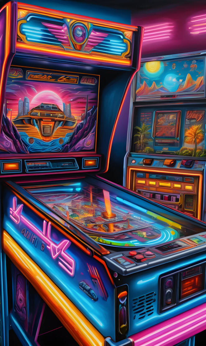 a row of colorful arcade and pinball games