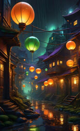 a row of buildings with lanterns from the ceiling