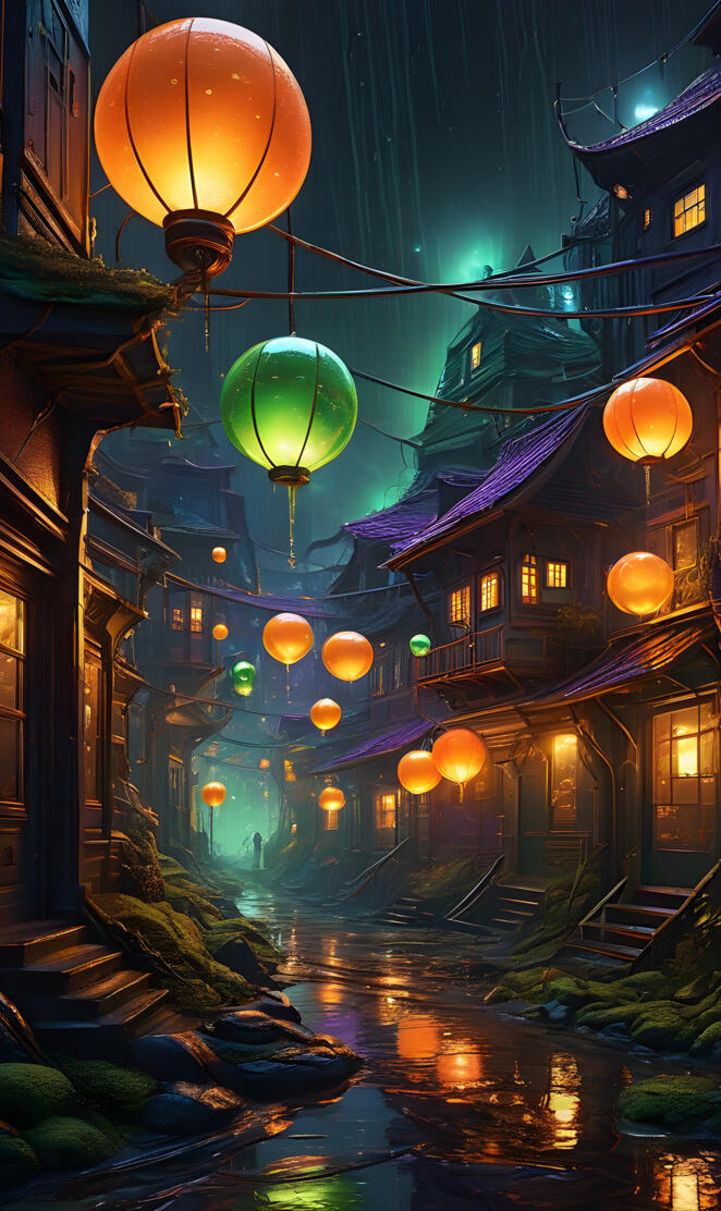 a row of buildings with lanterns from the ceiling