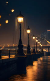 a row of street lamps on a pier at night