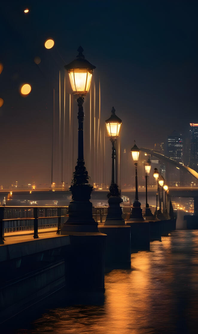 a row of street lamps on a pier at night