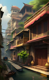 a row of buildings with a boat in the water