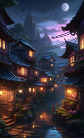 a row of houses with lights on at night