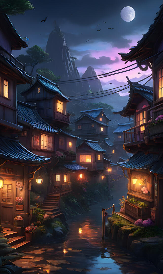 a row of houses with lights on at night