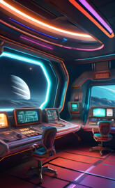 a room with a row of seats and a table with a computer