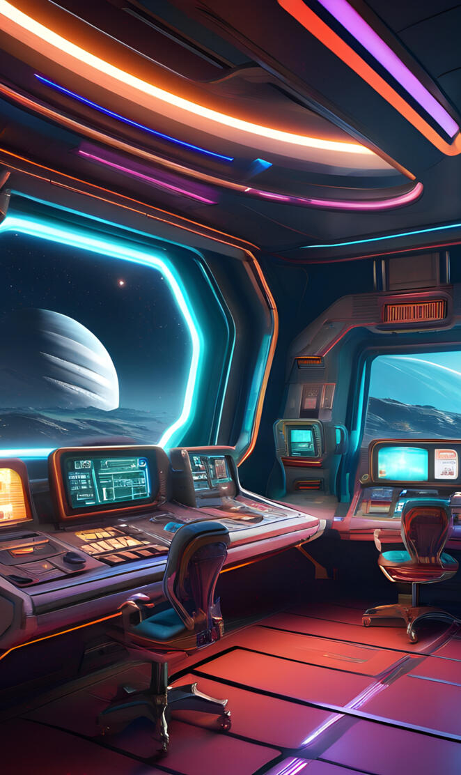 a room with a row of seats and a table with a computer