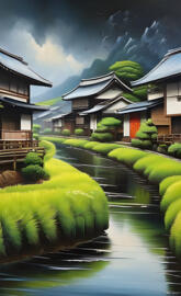 a pond with a row of buildings and plants around it