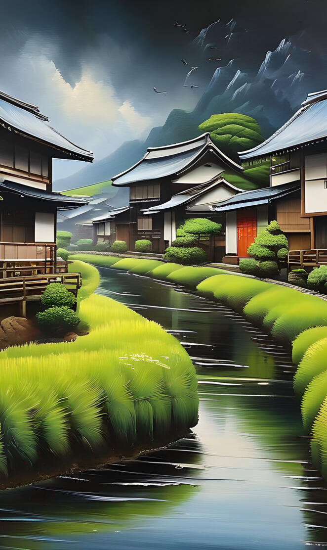 a pond with a row of buildings and plants around it