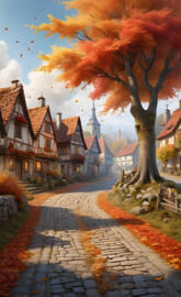 a tree with red leaves in front of a row of houses