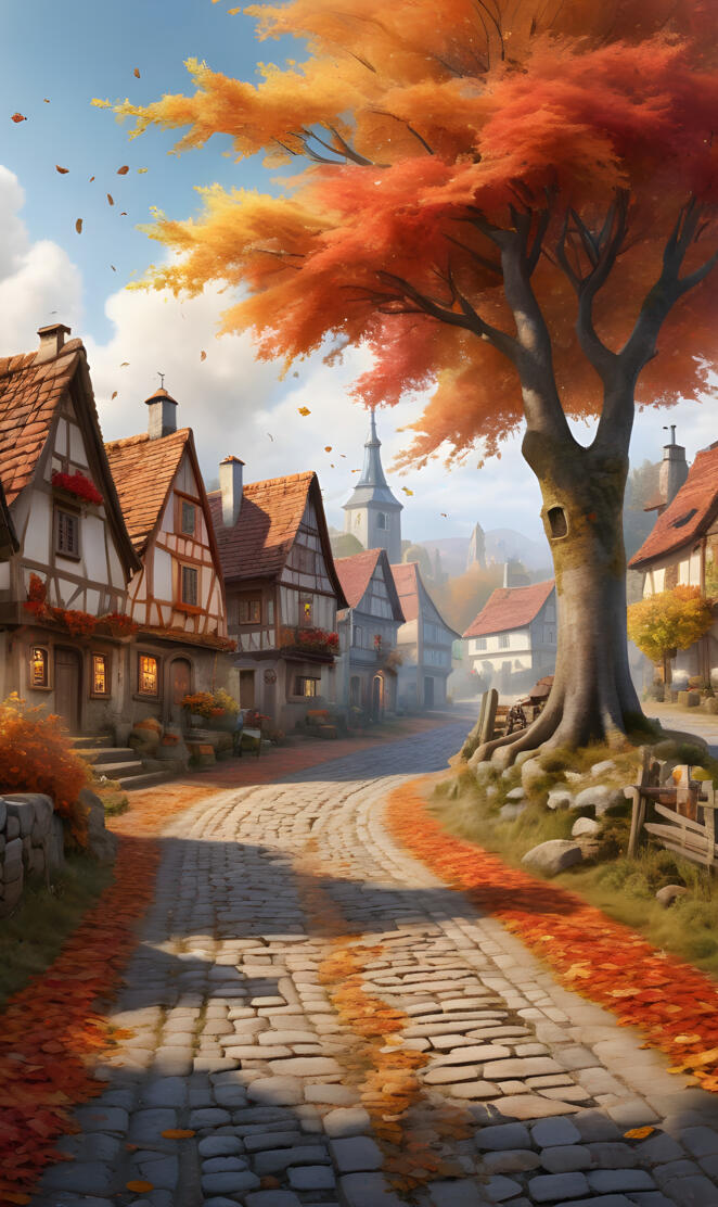 a tree with red leaves in front of a row of houses