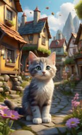 a cat sitting on a ledge in front of a row of houses