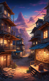 a row of houses with a bench and a table in the middle