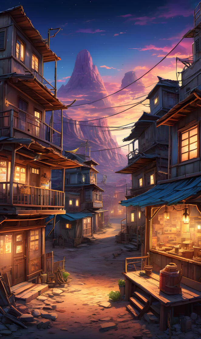 a row of houses with a bench and a table in the middle