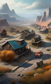 a car parked in front of a row of houses in a valley between mountains